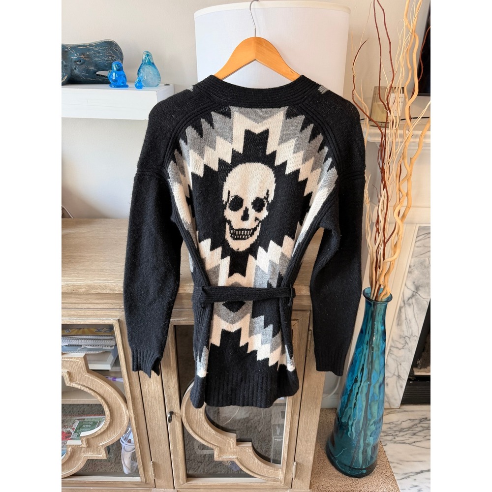Skull Cashmere Belted Cardigan Womens Black Small Wool Blend Skull Back‎ Sweater - Picture 5 of 8